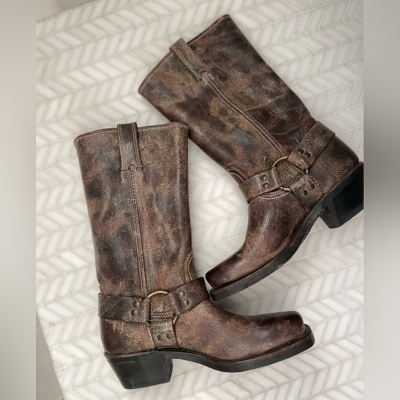 Frye Harness Biker Boots 12R Brown Distressed Leather Size 7 Med Width Moto USA - Picture 14 of 14